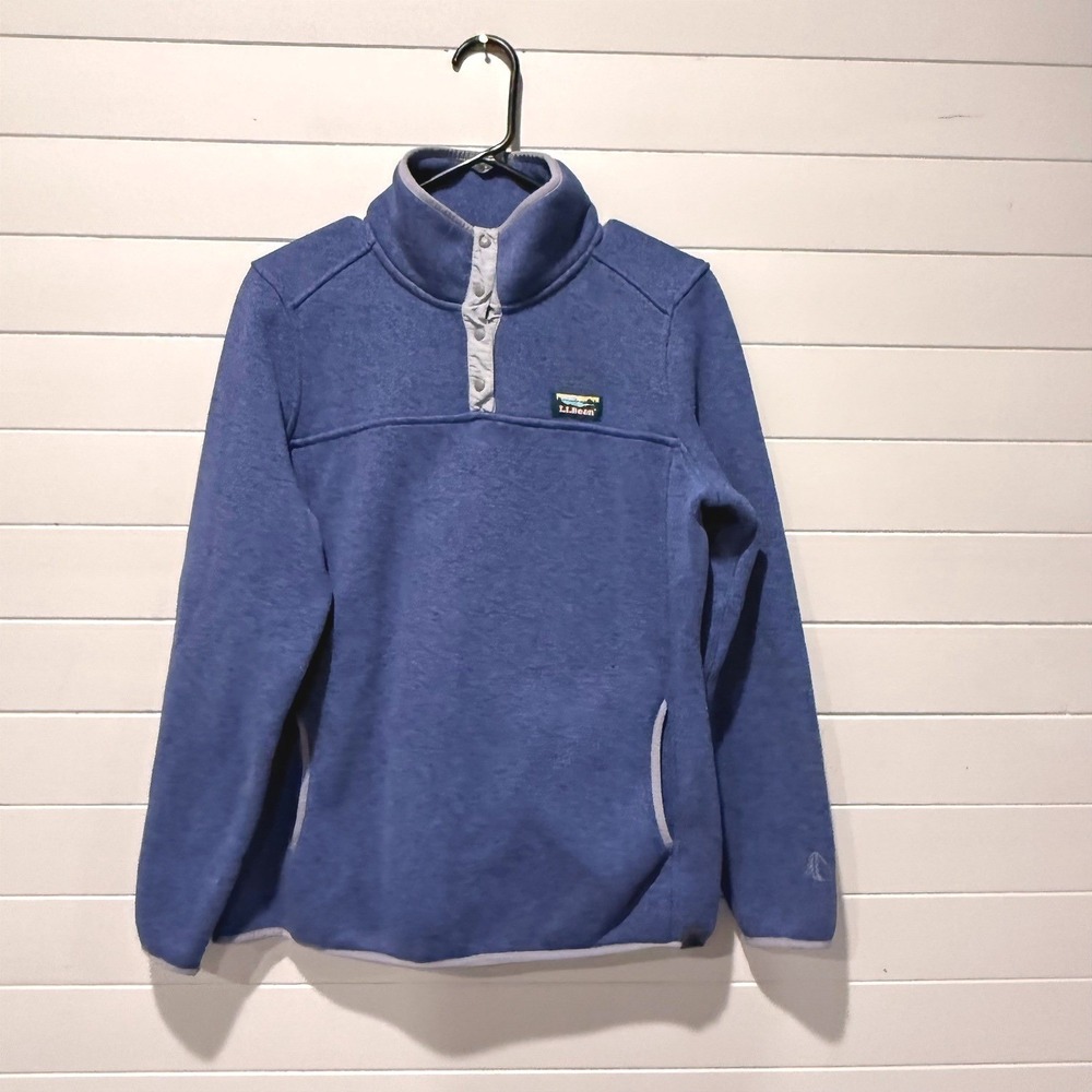 L.L. Bean Sweater Fleece Pullover Women Large Blue Snap Neck Mock Neck Pocket